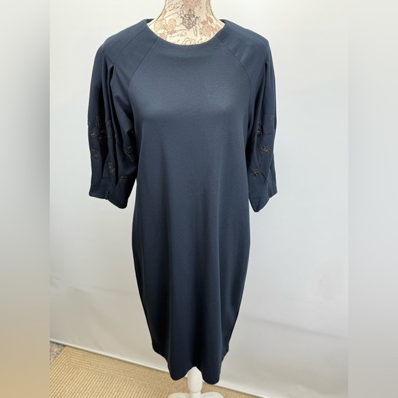 H&M Navy embroidered puff sleeve midi shift dress size M - Picture 8 of 13